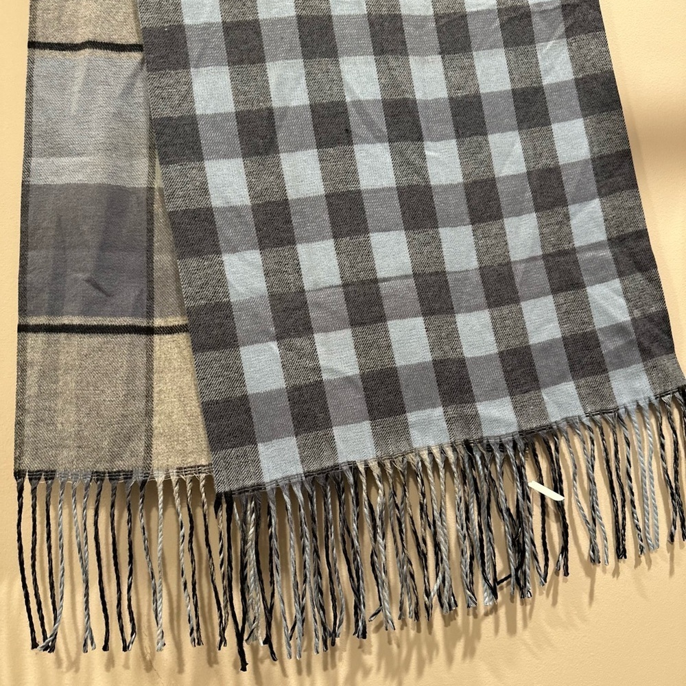 Super SoftDouble sided Plaid & Checked Pattern Blue Toned Long Scarf NEW - Picture 9 of 17